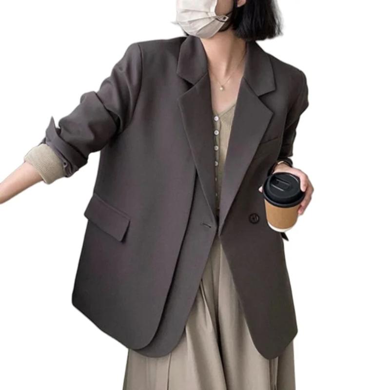 Spring Autumn Elegant Grey Women's Blazer Jacket Long Sleeve Single Button Office Lady Loose Outwear for Women