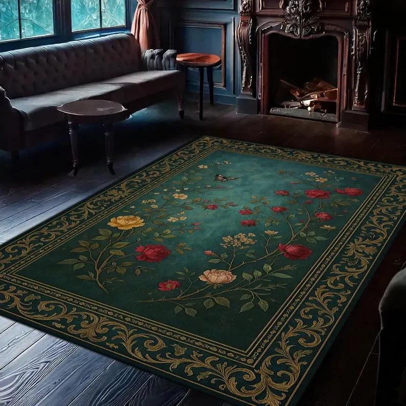 Dark Romantic Cherry Blossom Area Rug Vintage Botanical Art Floral Moody Garden Accent Baroque Cottagecore Home Decor Royal