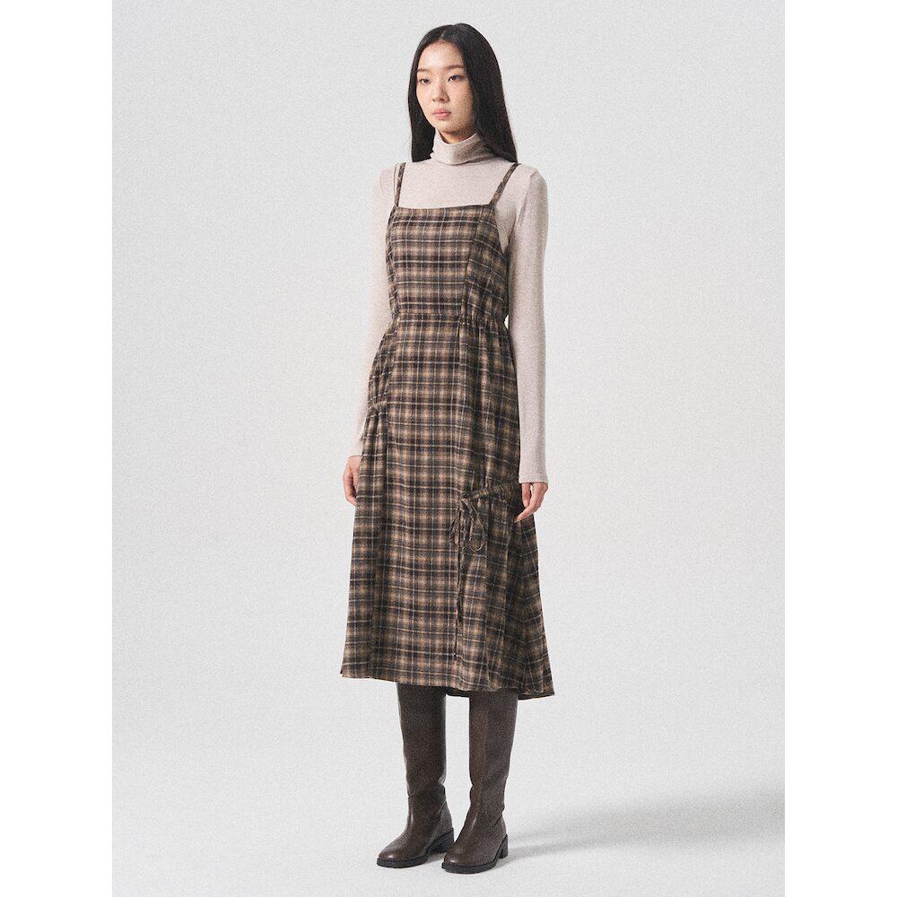 8SECONDS Check Pattern String Layered Dress Brown