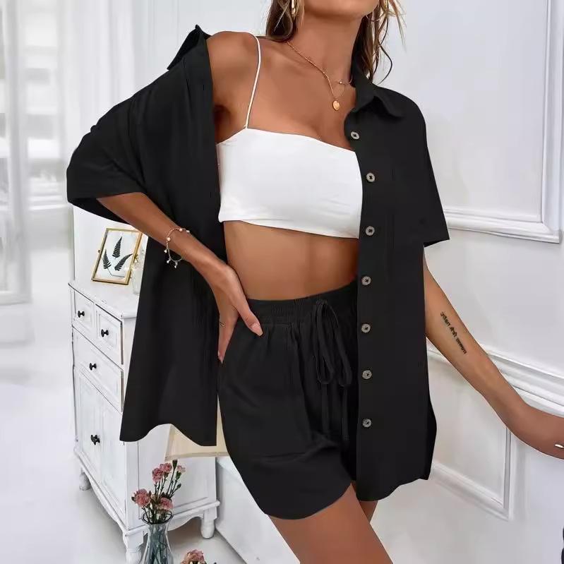 Women's Solid Color Short Sleeve Casual Shirt & Shorts Set - Loose & Stylish Two-Piece