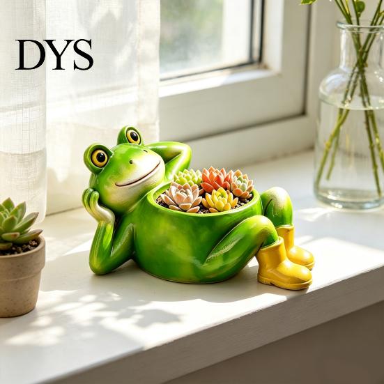 Weather Resistant Plant Container Cute Lying Frog Planter, Decorative Resin Pot, Funny Pastoral Style Garden Ornament for Succulents Indoor