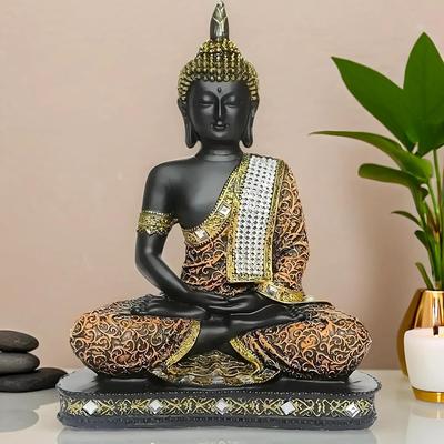 Nova estátua de Buda sentado meditando de 25 centímetros, peça de decoração para casa, itens para sala de estar e presentes (1, Laranja Preto)
