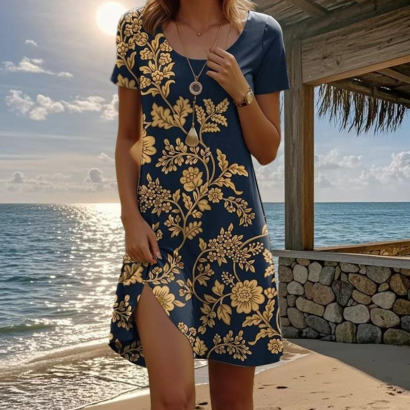 

Женская мода Изящные Ретро Цветочный принт Летние Весенние Платья с коротким рукавом и круглым вырезом Повседневные XL темно-синий