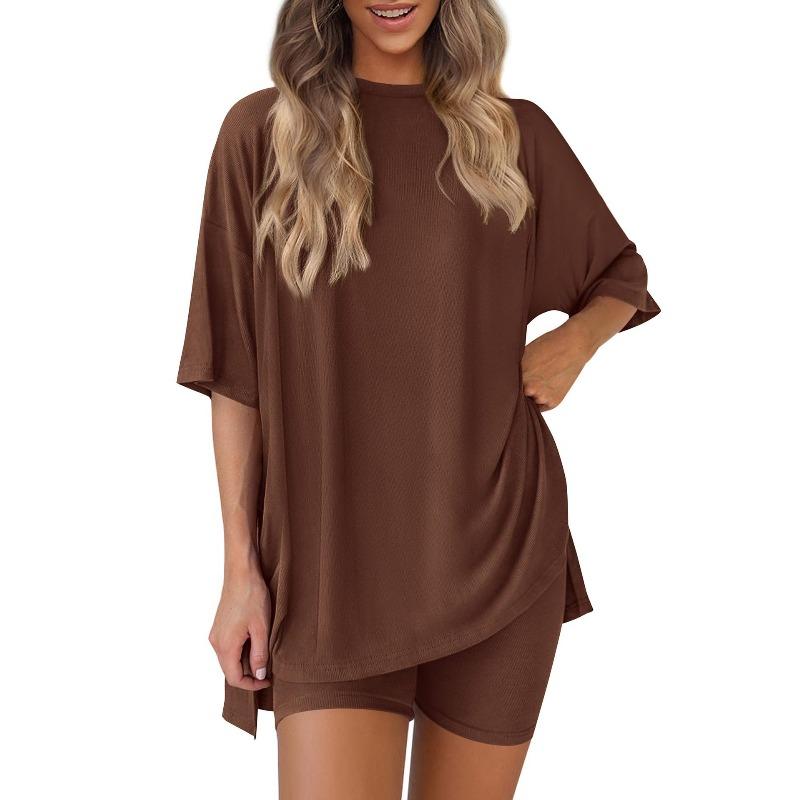 Women's Crew Neck Half Sleeve Oversized T Shirt Biker Shorts Loungewear Two Piece Pajama Set Casual Solid Outfit