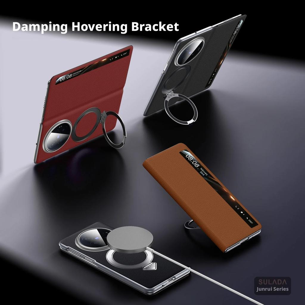 Original Luxury Genuine Leather Magnetic Case For Vivo X Fold6/Fold5/ Fold 6 5 Metal Ring Holder Bracket Window View Flip Cover