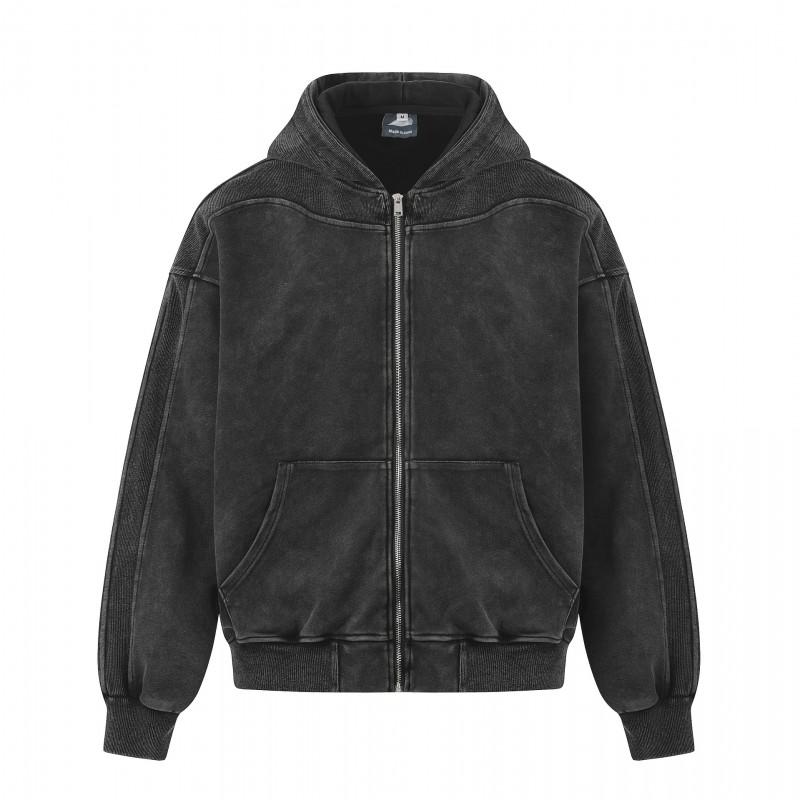 Mens Fall Oversized Hooded Zip-Up Sweatshirt With Distressed Washed Patchwork Design