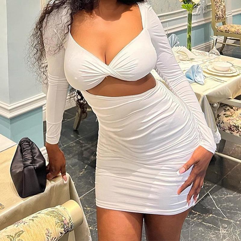 Women's Sexy Square Neck Pleated Dress Solid Color Chest Wrap Long Sleeve Halter Hollow Waist Pack Hip Dress