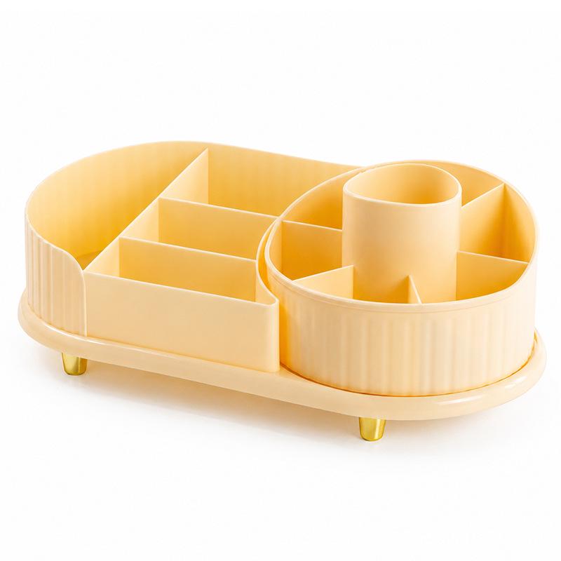 360° Rotating Makeup Organizer with Large Compartments for Lipstick, Brushes, and Skincare Products.