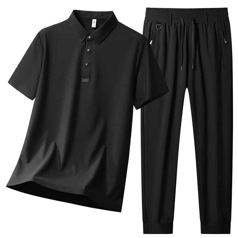 Men's Polo Short Sleeve & Long Pants Set: Summer Breathable, Elastic, Cool Touch Casual Sportswear.