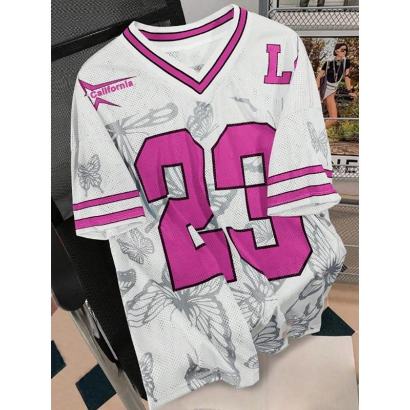 

Летняя Мода Футболка с Принтом Бабочки 23 для Женщин V-образный Вырез Сетчатые Отверстия Короткий Рукав Спортивная Футбольная Джерси Y2K Свободная Женская Одежда XXS