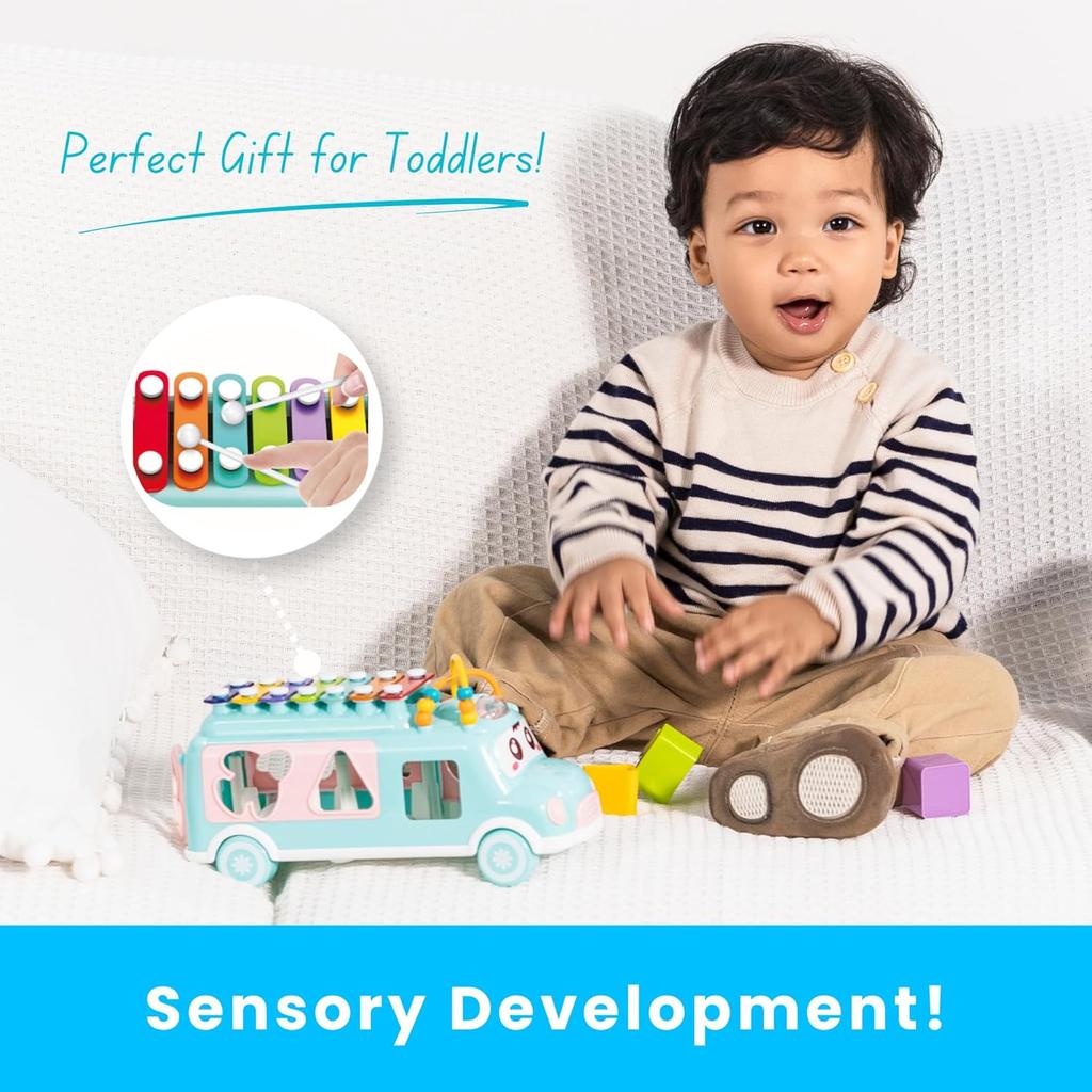Interactive Musical Bus Toy for Toddlers - Xylophone, Abacus, Shape Sorter, and Push/Pull & Go Feature - Kids Educational Gift