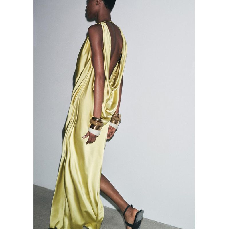 Summer New Product Women's Clothes French Design Draped Collar Open Back Silk Satin Texture Sleeveless Dress 3067381