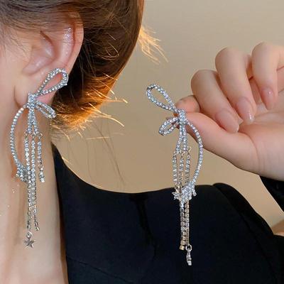 Korean Style Rhinestone Bow & Star Tassel Earrings - Light Luxury, High-End Feel, Fashionable Stud Jewelry