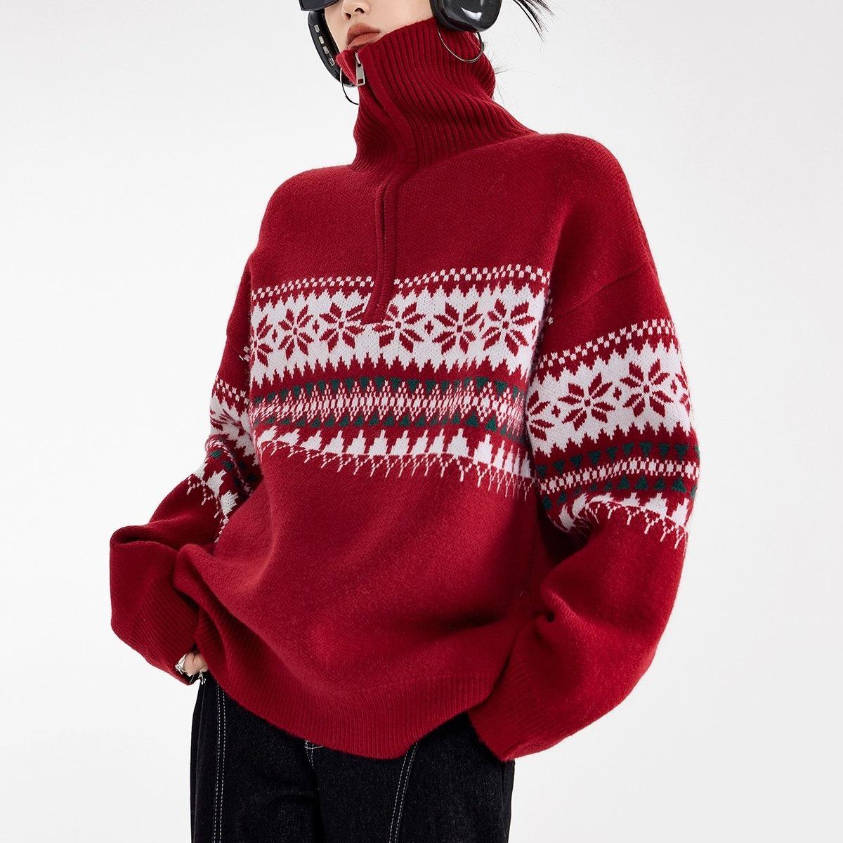 Unisex Red Fair Isle Retro Half-Zip Sweater: Autumn/Winter High-End Knitwear XXL красный
