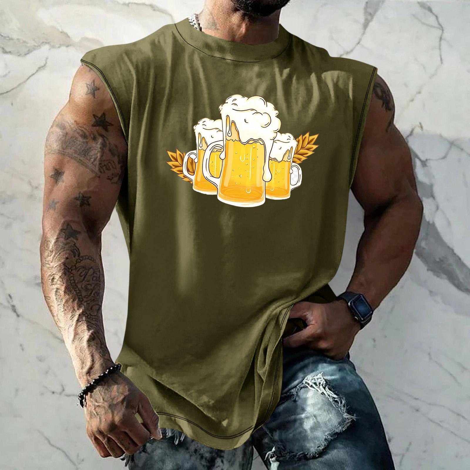 

Men Sleeveless Tank Top Loose Fit Casual Streetwear Muscle Shirt with Beer Mug Graphic Print for Sports Vacation Daily Wear L армия зеленый