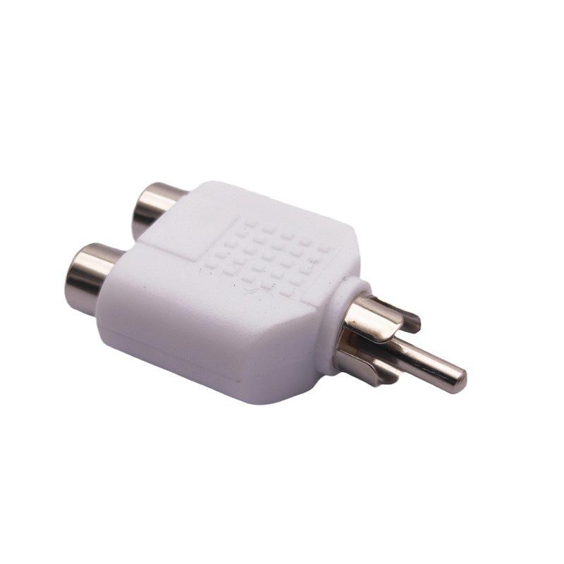 Nickel-plated RCA 1-to-2 4-color audio adapter, vibrant RCA male to dual RCA female converter.