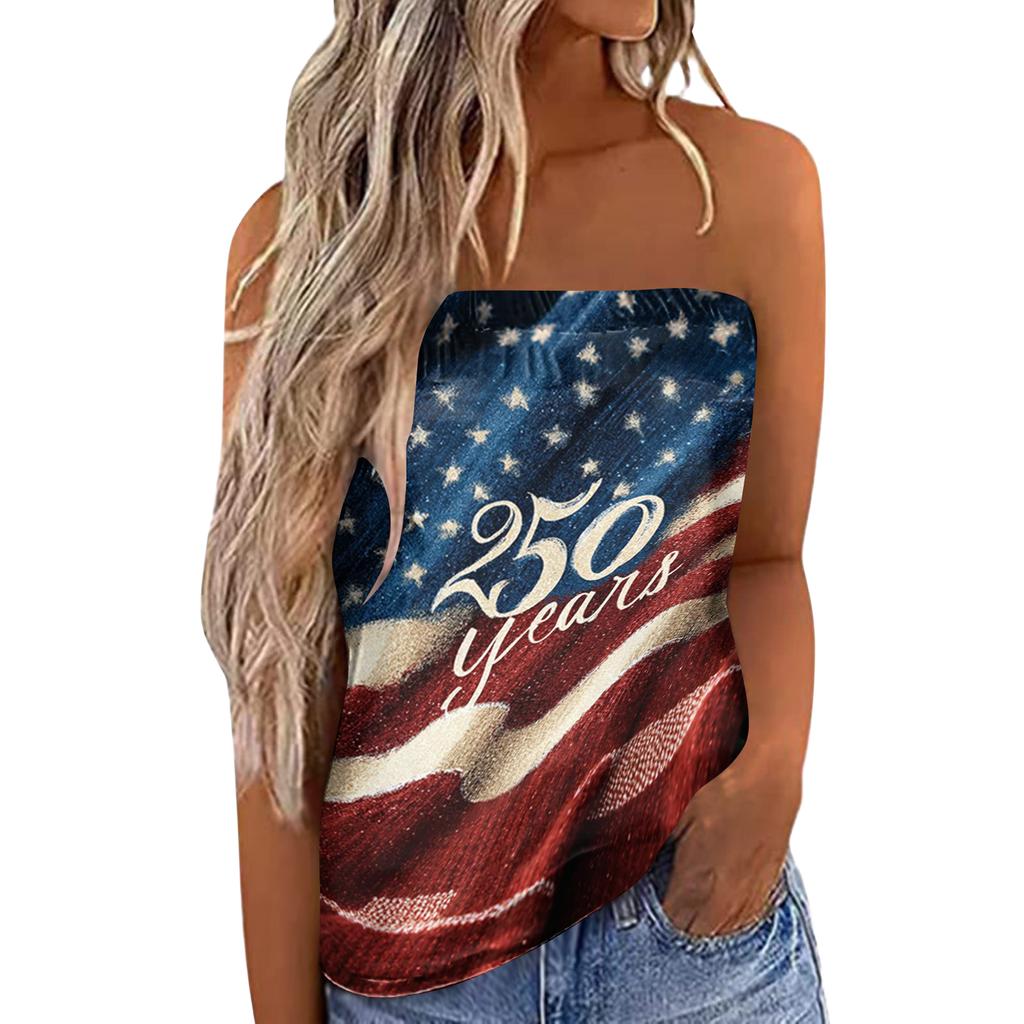 Women's Summer Sexy Strapless Off-Shoulder Elastic Band Design Independence Day Print Top