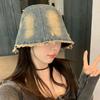 Ins Vintage Rough Edge Washed Denim Bucket Hats Women 2025 Summer and Autumn New Casual Versatile Cute Short Brim Basin Cap