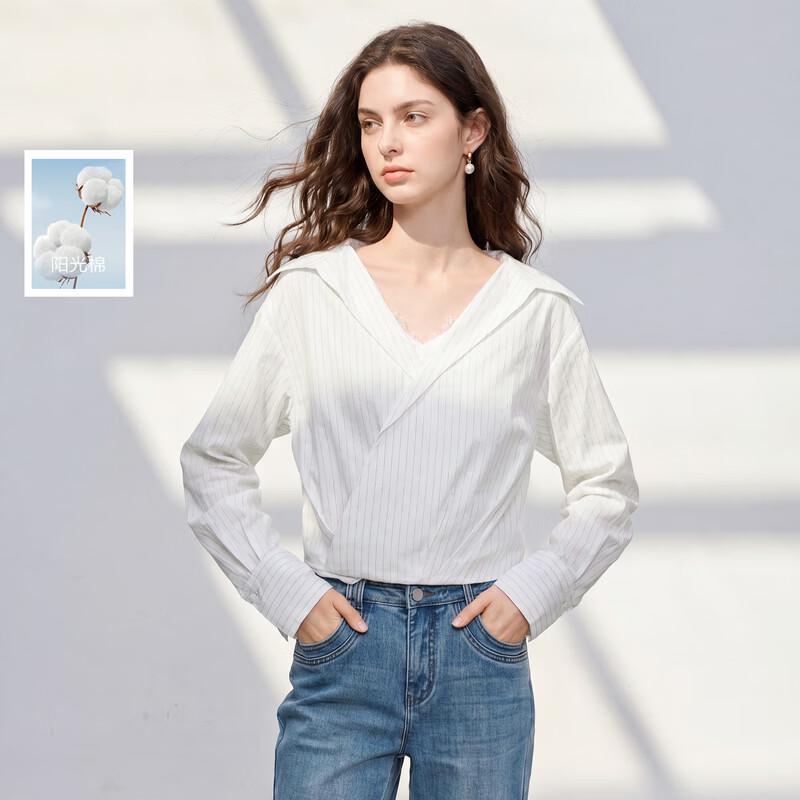 Sancai Women s 100% Cotton Striped Loose-Fit Long Sleeve Shirt S