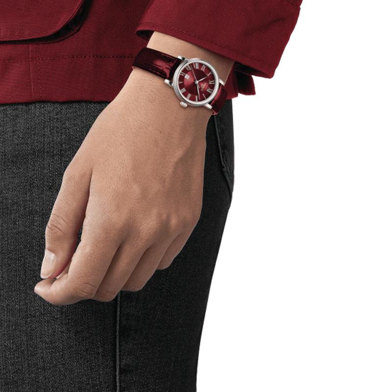 Tissot Carson Series Quartz Movement Bordeaux Red Calendar Watch 30mm Red Dial Stainless Steel Case Leather Strap Women watches T122.210.16.373.00