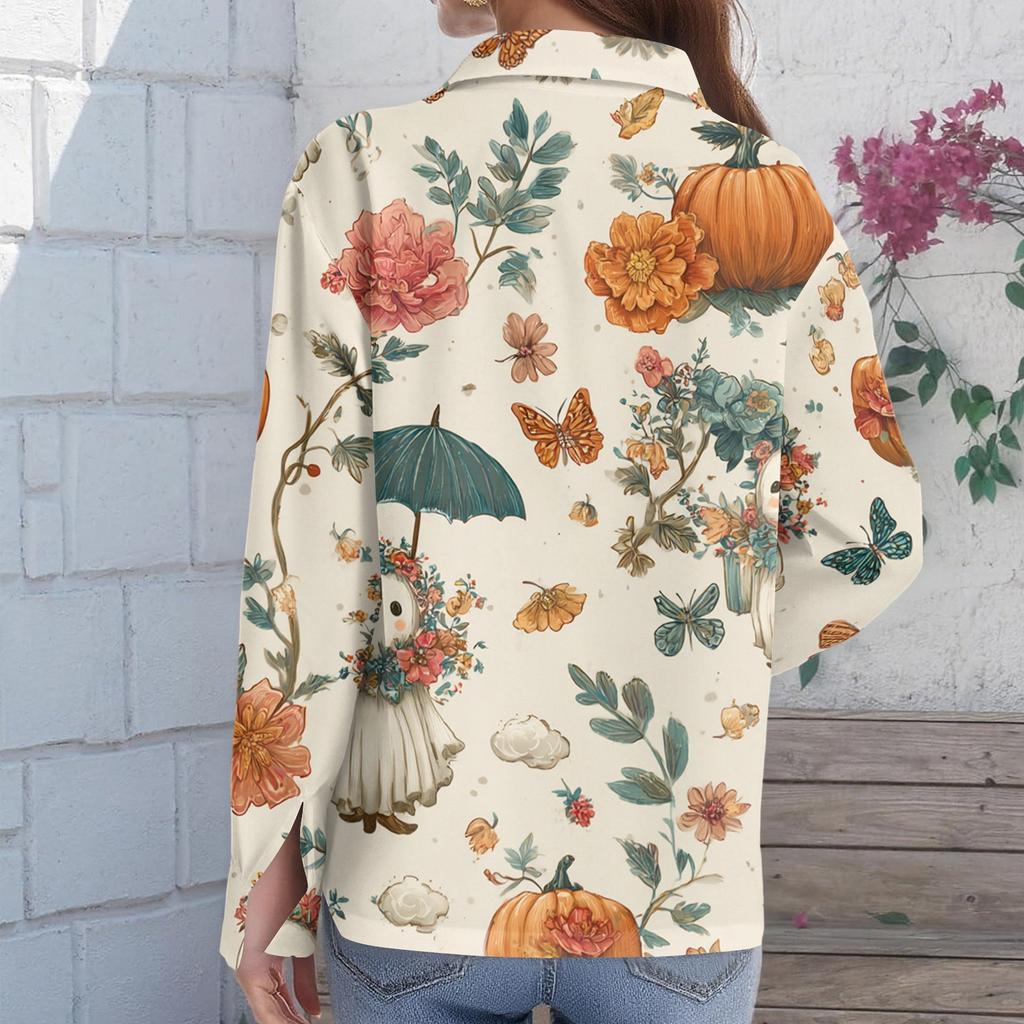 Women's Button Down Shirt Long Sleeve Casual Regular Fit Shirt with Halloween Print Collar Top for Everyday Wear