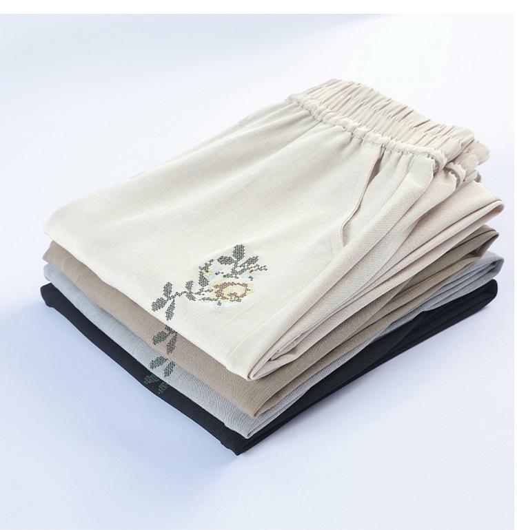 Mom's Summer High-Waisted Elastic Straight Leg Embroidered Pants for Middle-Aged Women