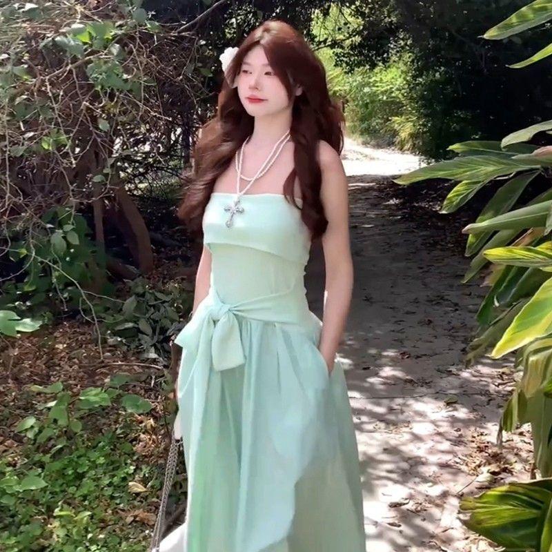 Summer new mint green tube top dress children's seaside vacation style waist off-the-shoulder dress