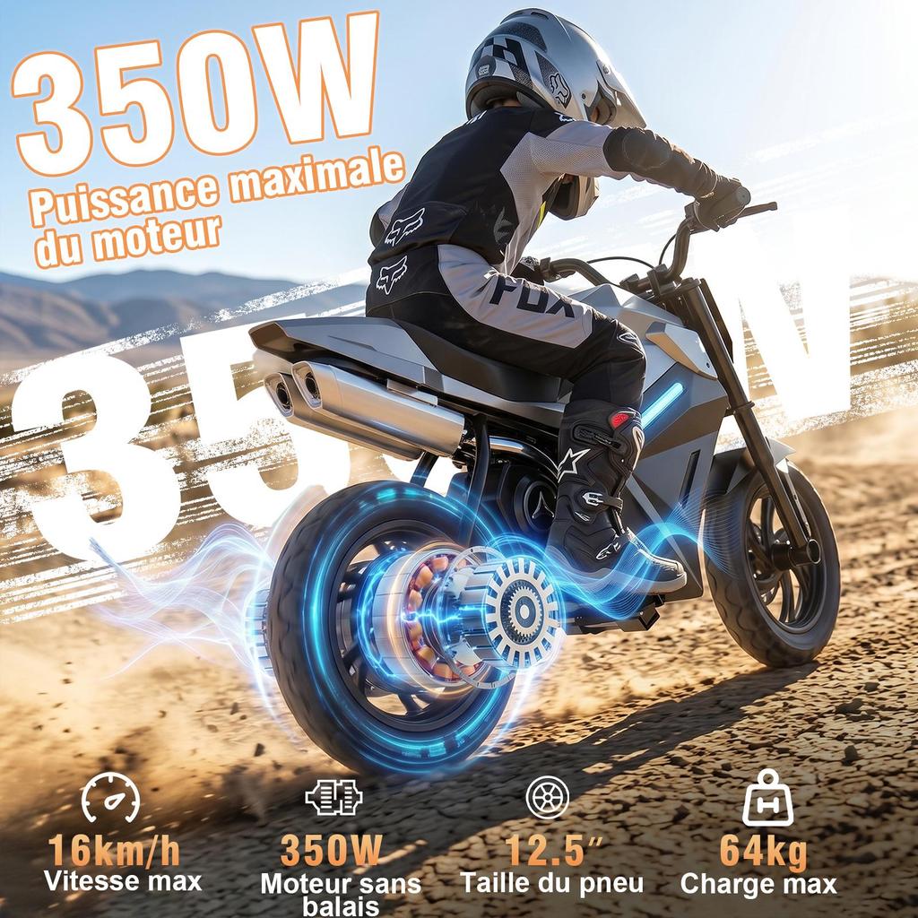Moto Électrique pour enfants Moteur 350W, 3 Vitesses, Pneus Gonflables 12.5", Batterie Li-Ion 21.6V 4Ah, Autonomie jusqu'à 16KM, pour Âges 6+