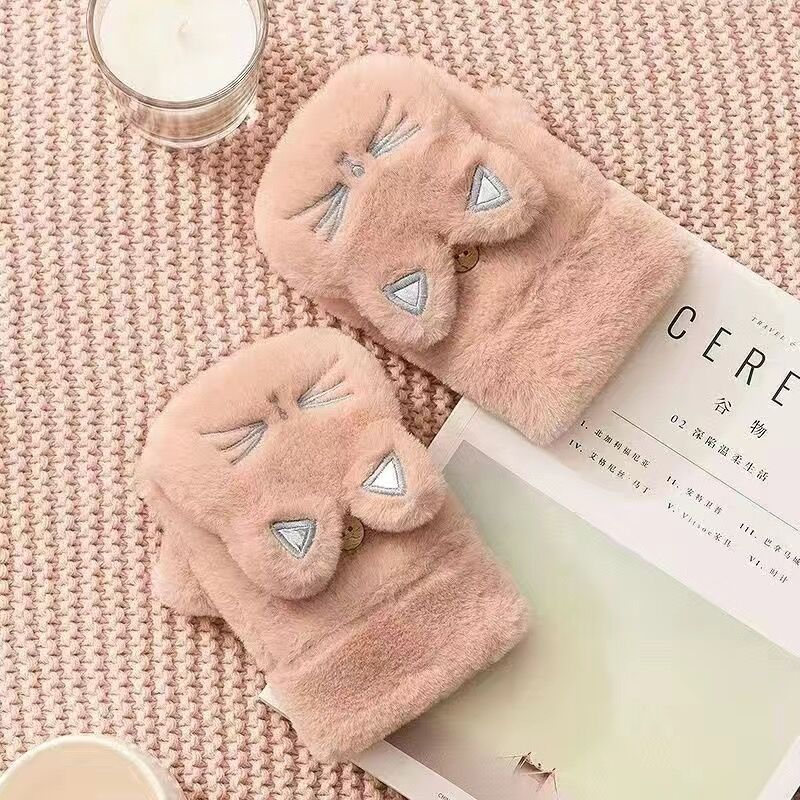 Cat gloves ladies plush cute bare finger half finger warm student girl plush flip