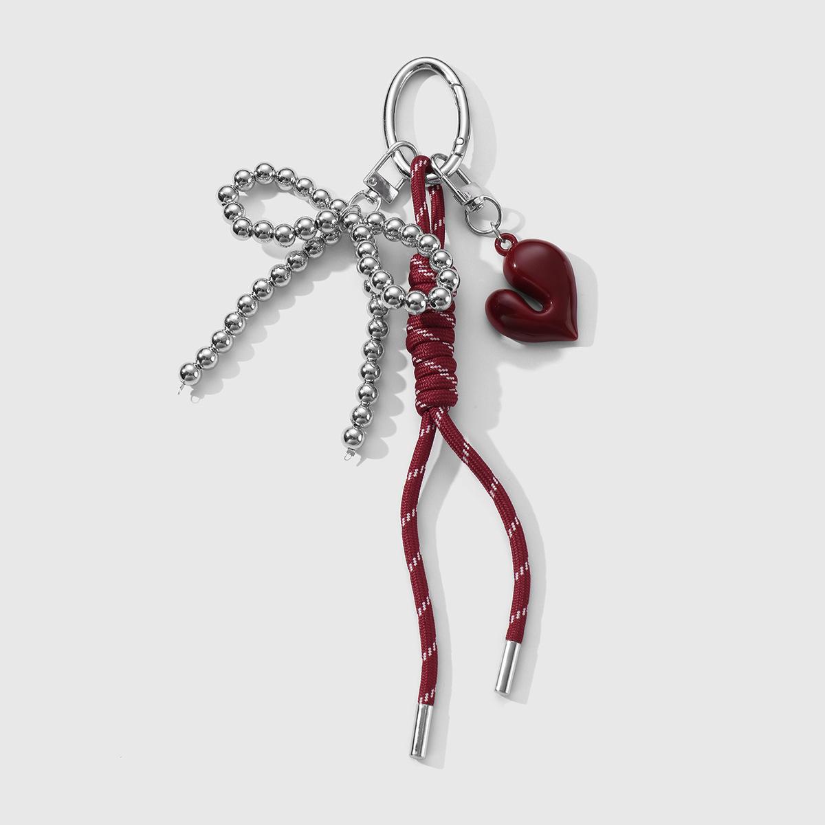 

Korean Angora Red Bow Heart Keychain: Personalized Woven Rope Bag Charm for Women Assembly Required