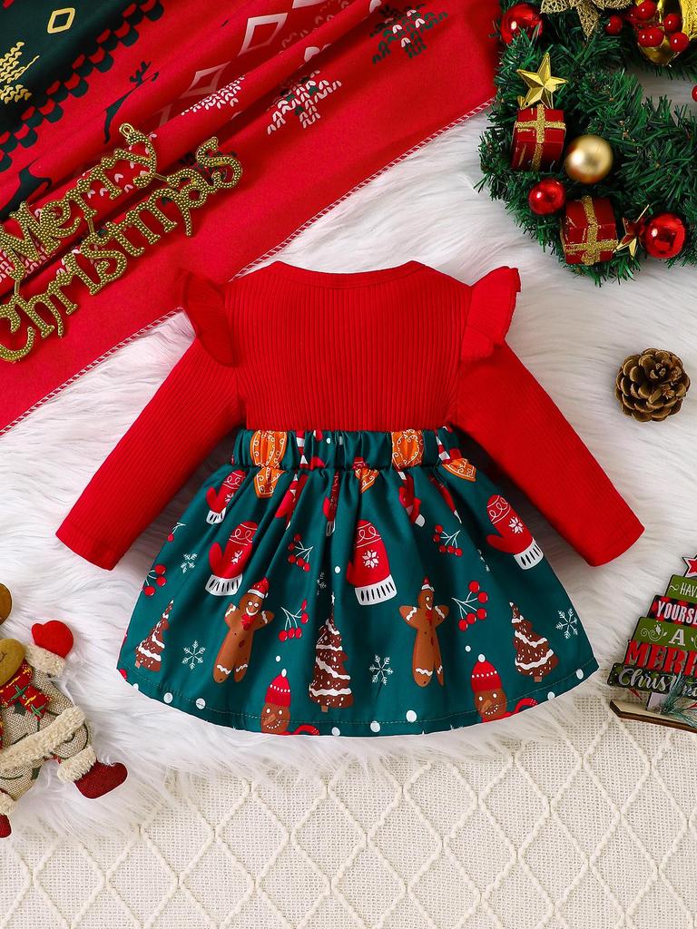 2025 Christmas Baby Romper - European & American Style: Girls' Autumn Print Ribbed Jumpsuit with Skirt
