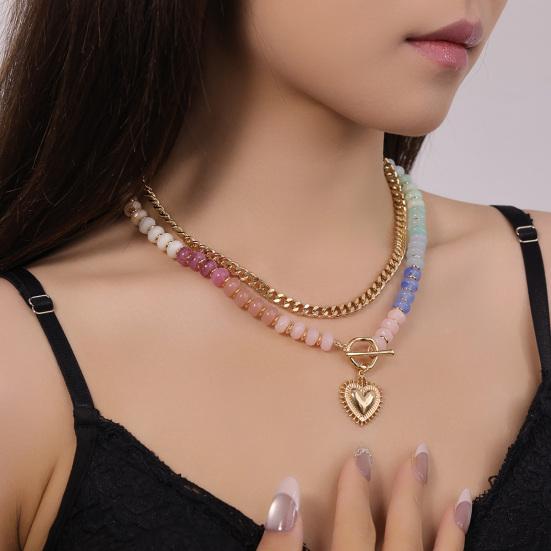 Buntes mehrschichtiges Perlenhalsband Damen Herzanhänger Perlenchoker Süßes Boho-Halsband für Mädchen Urlaub Sommer Strand