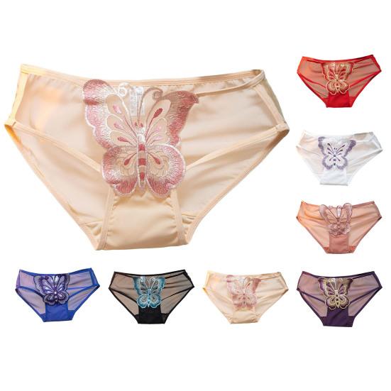 Women Underpants Butterfly Embroidery See-through Mesh Briefs Mid Waist Hollow Out Elastic