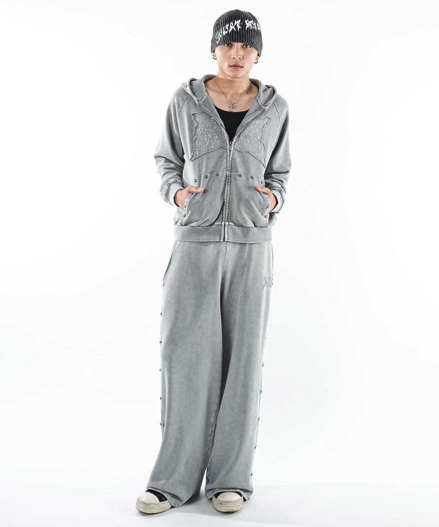 WEGO Powder Bleached Studded Zip Korean Size Gray Men's Hoodie, Sweatshirt, Hooded, Autumn/Winter Clothing, Streetwear, Style, L,