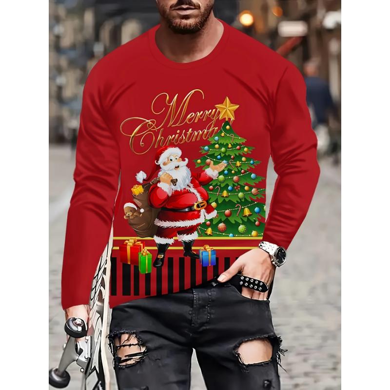 Christmas Theme Santa Claus 3D Prints Casual Men's Long Sleeved T Shirt Tee Sports Pullover Crew Neck Tops Spring&Fall Clothing