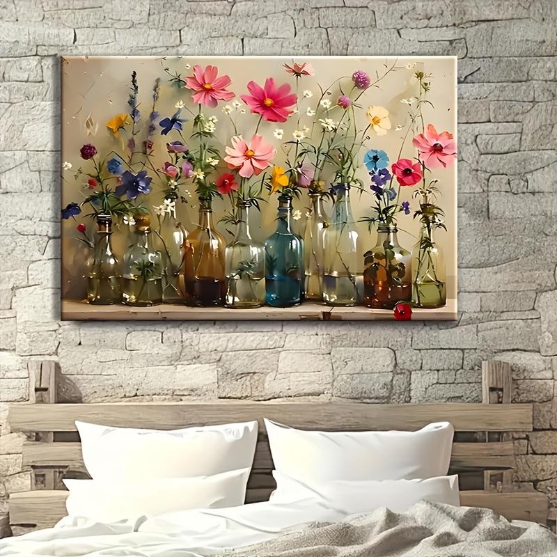 Colorful Floral Canvas Art & Mason Jar Wall Décor: Blue, Pink, Yellow, Purple Bouquet