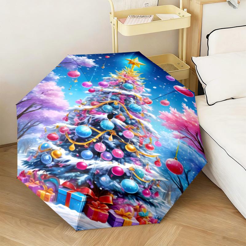 Christmas gifts, bells, Santa Claus, snowman, Christmas tree umbrella, home essential, wrought iron tri-fold portable all-season outdoor umbrella H25