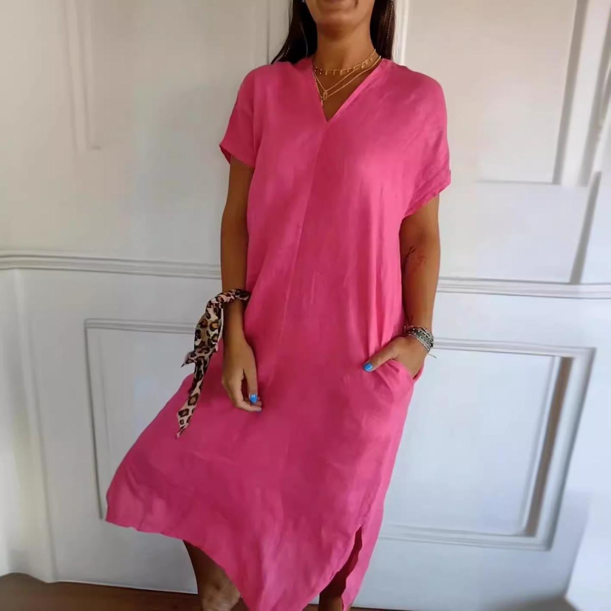 

Women s Summer Cotton and Linen V-neck Short-sleeved Loose Slit Midi Dress Clothes Sale S красный