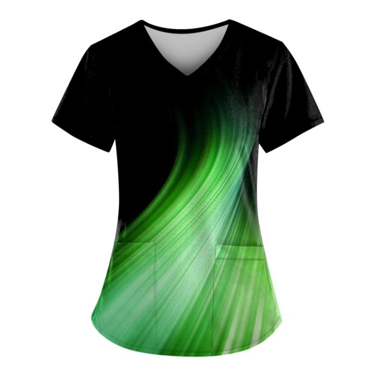 Plus Size Women's V-Neck Short Sleeve Work Scrub Top With Pockets Fun Printed Tee For Working Uniform T-Shirt