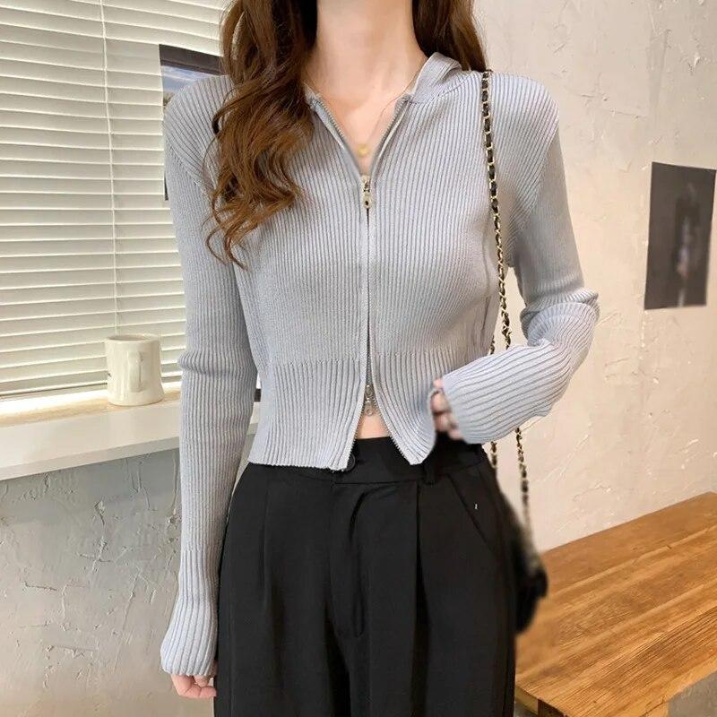 

Осенне-зимний вязаный кардиган, свитера для женщин, свободный крой, толстовка, повседневная футболка, укороченный топ на молнии с длинными рукавами One Size