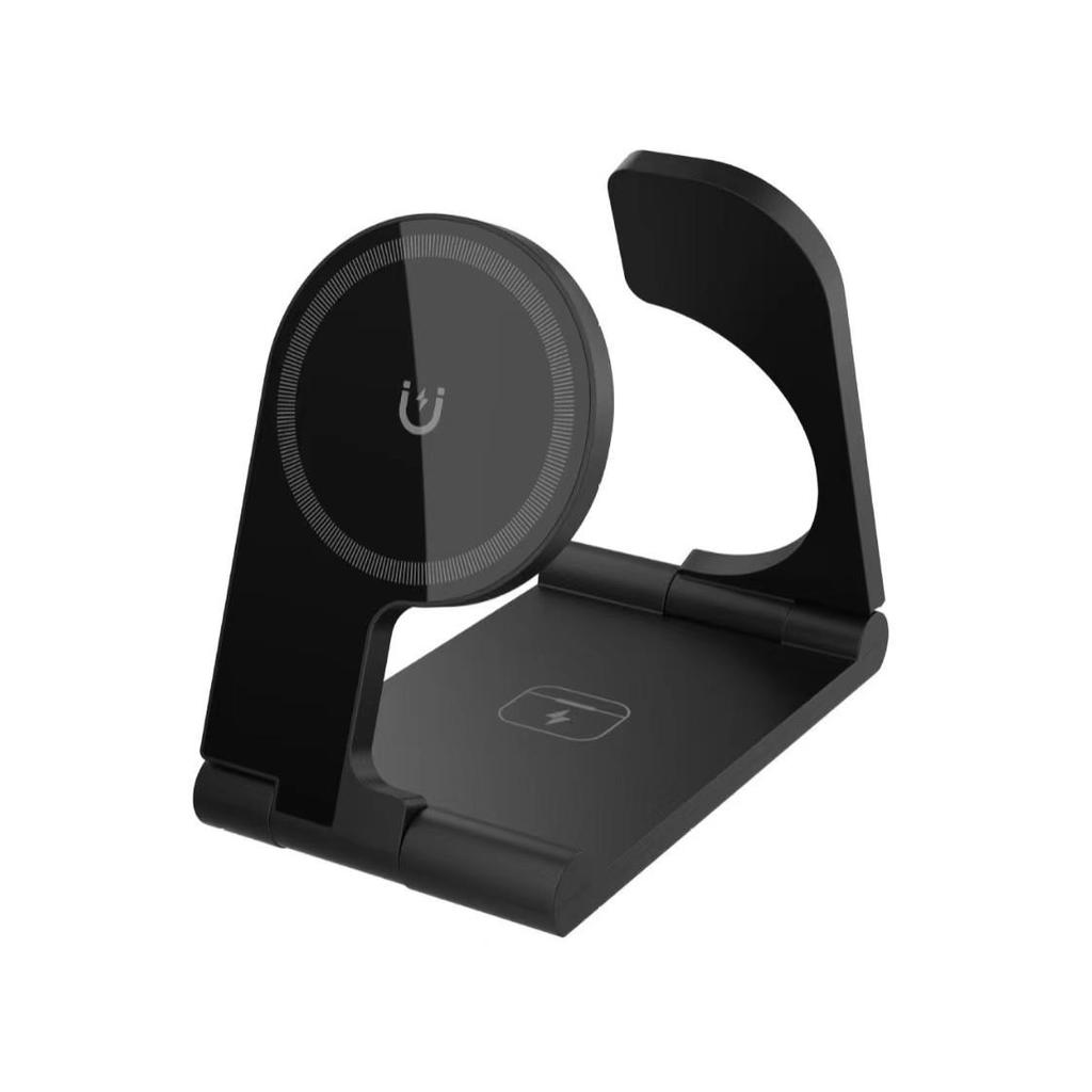 3-in-1 Foldable Wireless Magnetic Charger Stand for iPhone, Earbuds, and Watch - 15W Portable