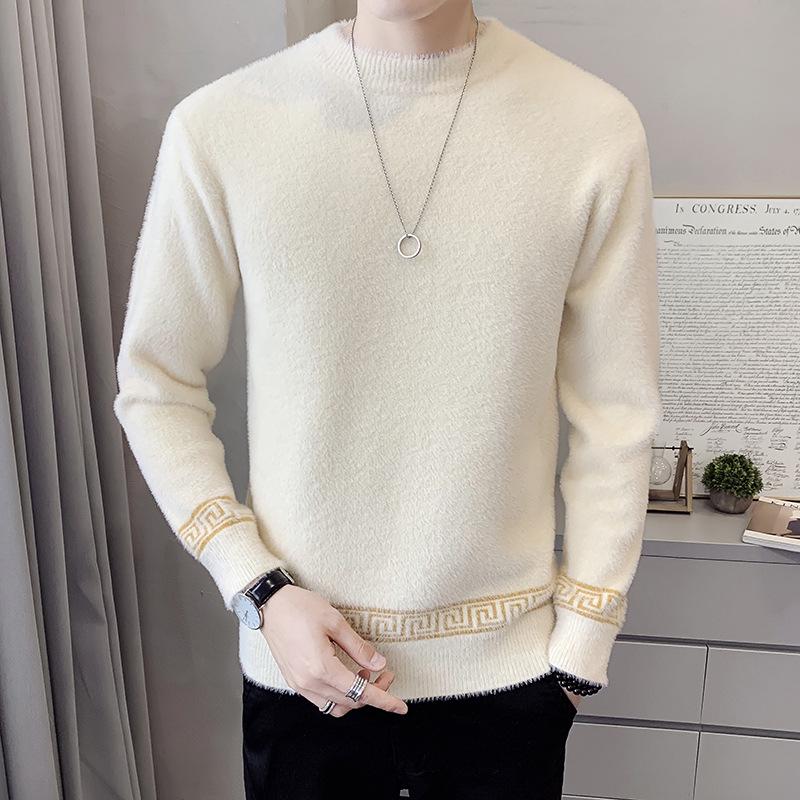 Men's European Jacquard Trend Crew Neck Faux Mink Cashmere Slim Fit Sweater