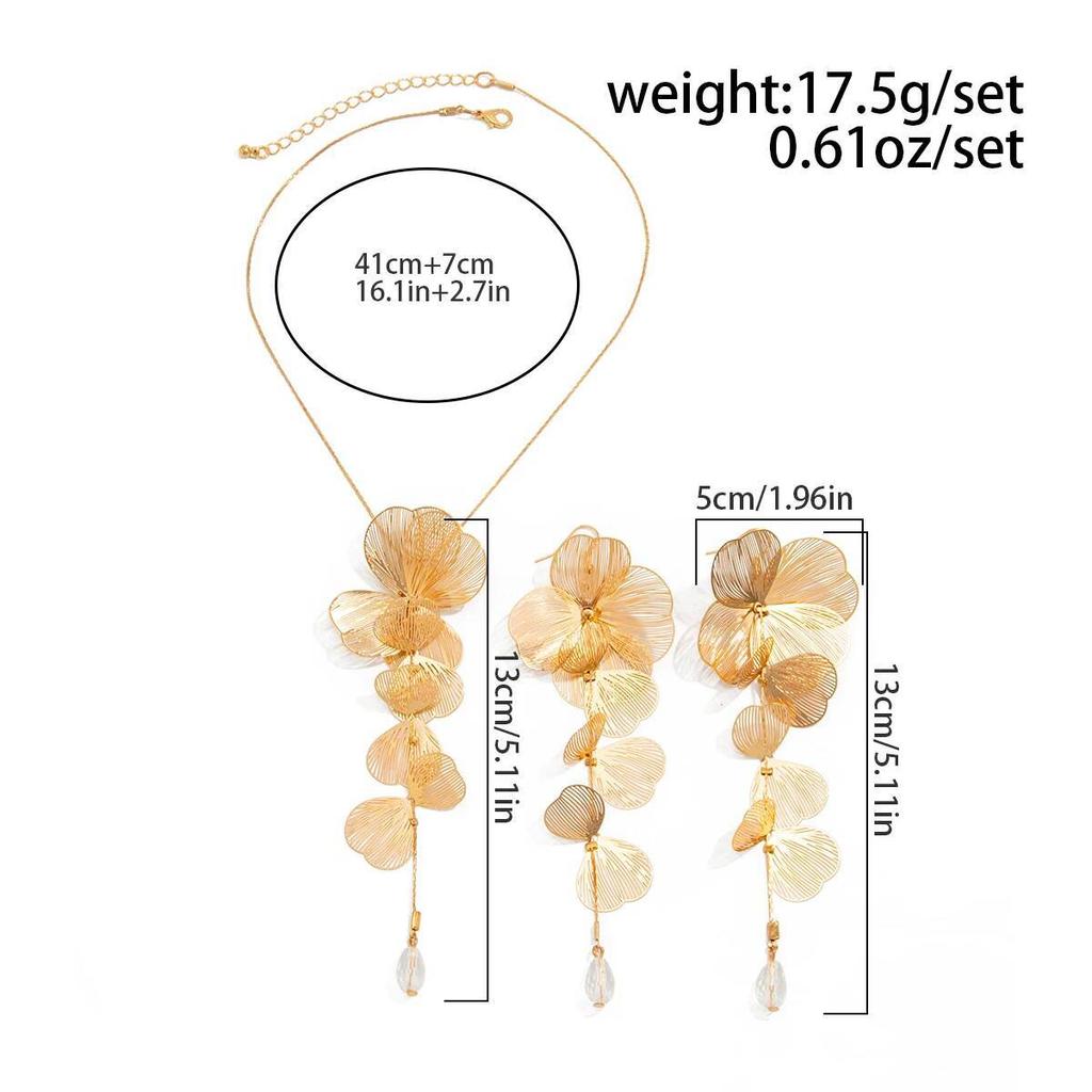 Salircon Fashion Elegant Long Metal Petal Flower Tassel Pendant Necklace Earrings Women Exquisite Earrings Banquet Jewelry Set