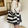 Literary Contrasting Color Striped Canvas Bag Tote Large Capacity Shoulder Lazy Shopping Bag Large Bag