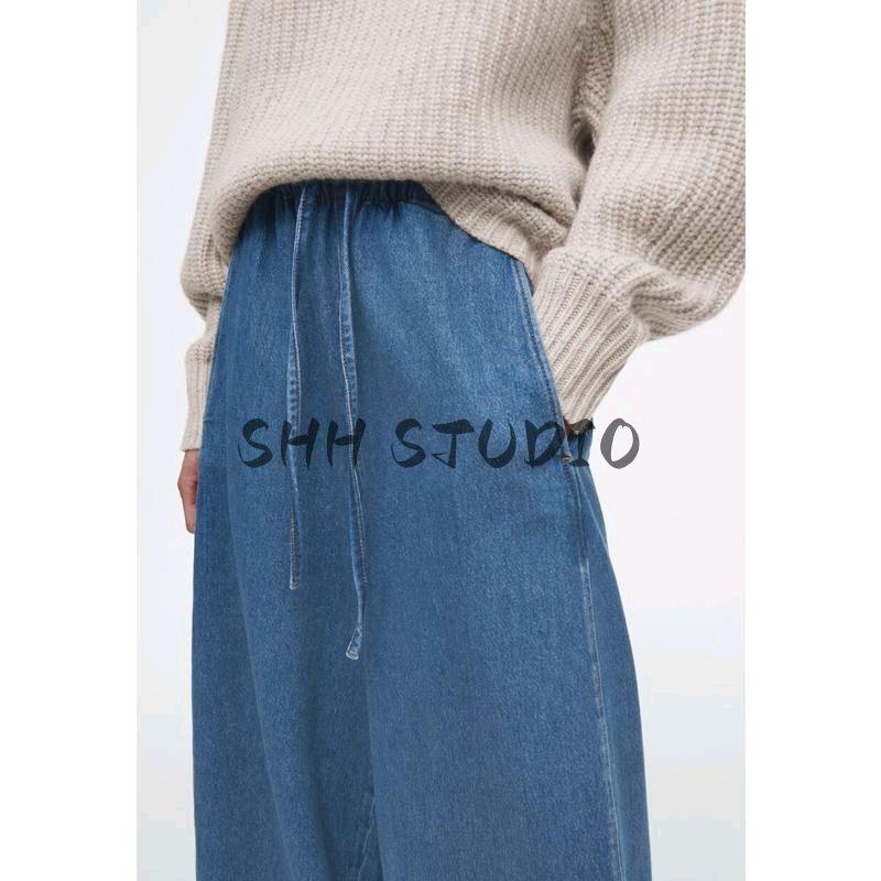 CS Spring New Women's Clothing Fashion Wind Leisure Version Barrel Drawstring Grinding Denim Blue 1281851