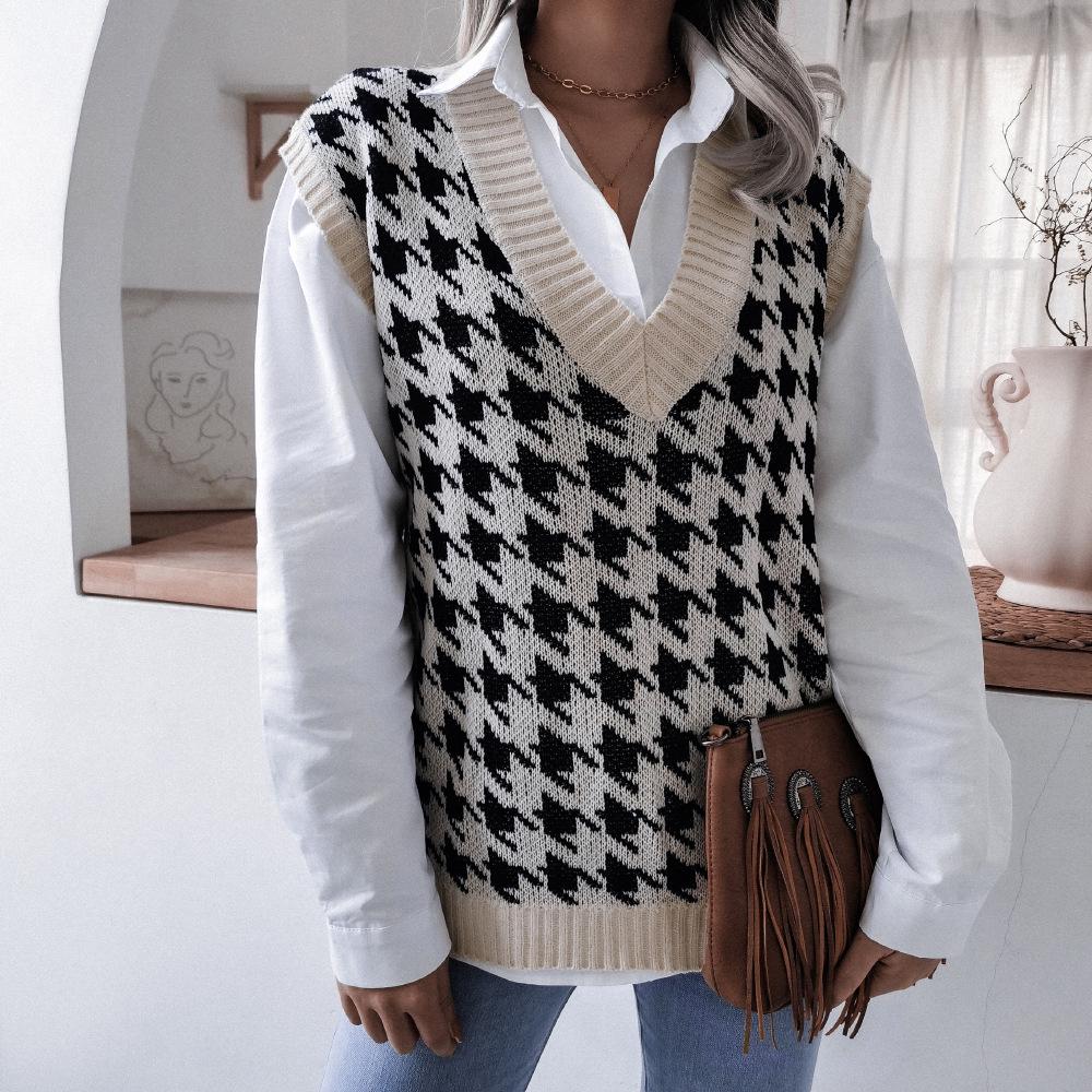 Clearance 2023 Autumn/Winter European-American V-neck Houndstooth Casual Loose Knit Vest Sweater Waistcoat.