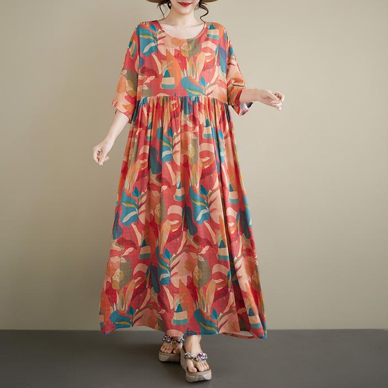 DIMANAF Neu 2026 Sommer Strand Damen Übergröße Vintage Dame Langes Kleid Locker Übergröße Maxi Blumenmuster Baumwolle Sommerkleid
