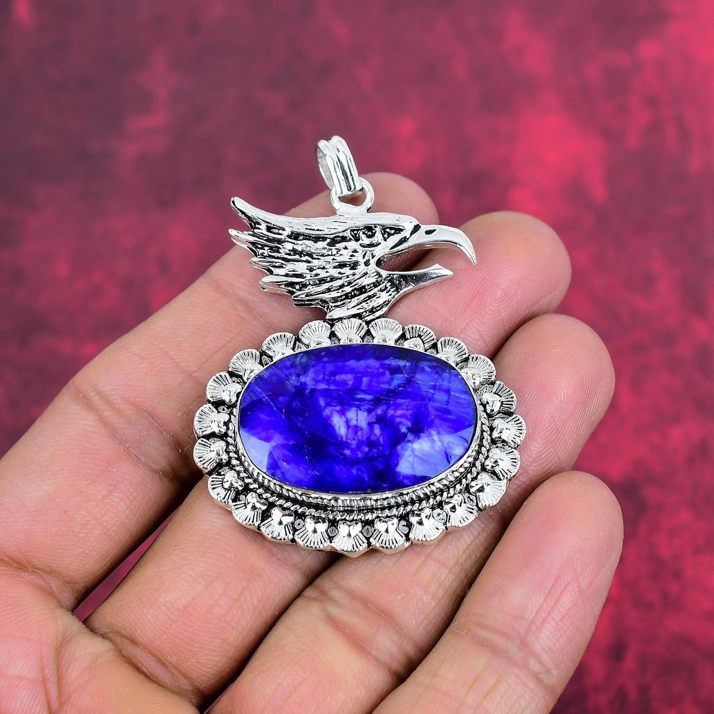 Blue Sapphire Pendant, Handmade Gemstone Pendant, 925 Solid Sterling Silver Pendant Antique Jewelry, For Engagement Gift
