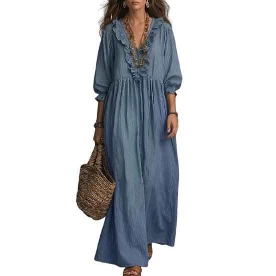 Women Summer Long Dress 46085 Sleeve Ruffle V Neck Maxi XL синий