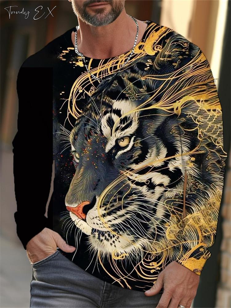 Hot selling 3D tiger print men's street trendy round neck long sleeved T-shirt